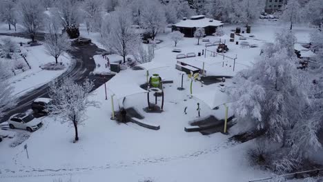 parque infantil cubierto de hielo rodeado de árboles cubiertos de nieve