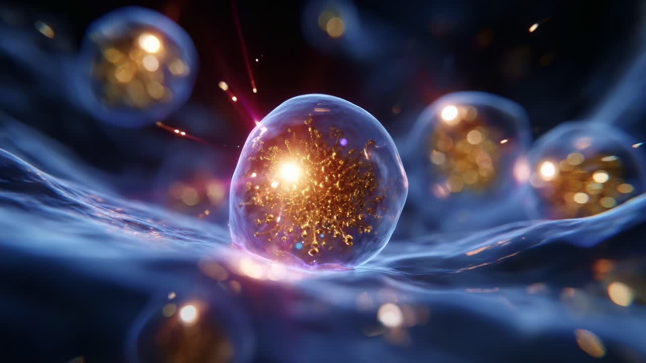 Dynamic Visualization of Luminous Microscopic Bubbles Emitting Radiant Sparks in a Fluidic Environment, Showcasing the Interaction of Light and Matter