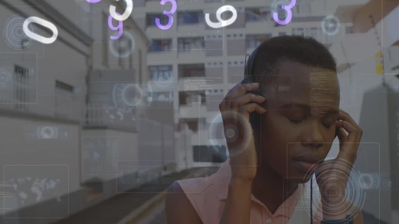 Animation of digital data processing over african american woman using headphones