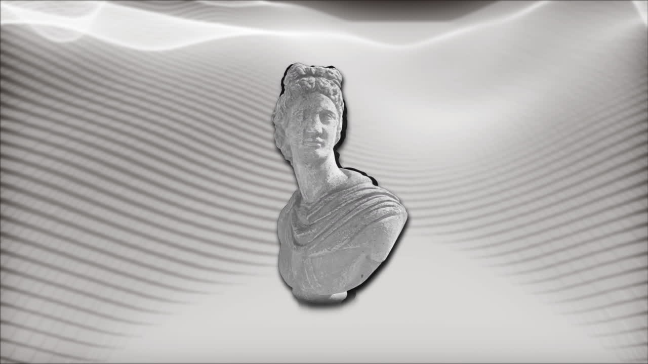 Animation of sculpture and white shapes moving on black background