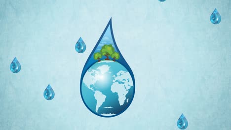 animation of water droplet with globe and trees inside, with falling droplets on blue background