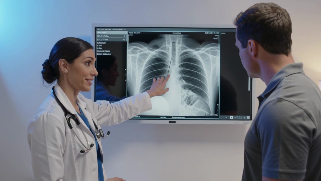 Pointing doctor in white coat, stethoscope reviewing CXR at clinic urging patient tracing screen