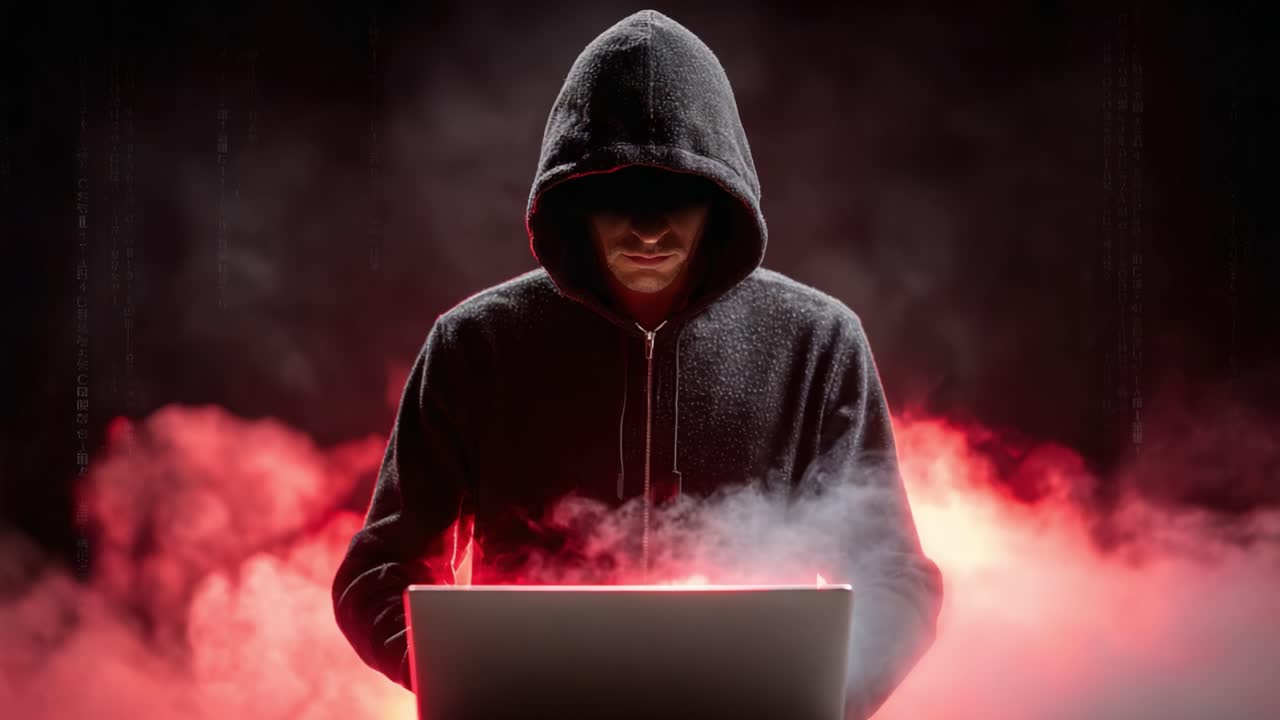 A Mysterious Figure in a Dark Hoodie Transforms into a Cyber Phantom, Illuminated by a Laptop's Glow Amidst Wisps of Smoke and Digital Rain