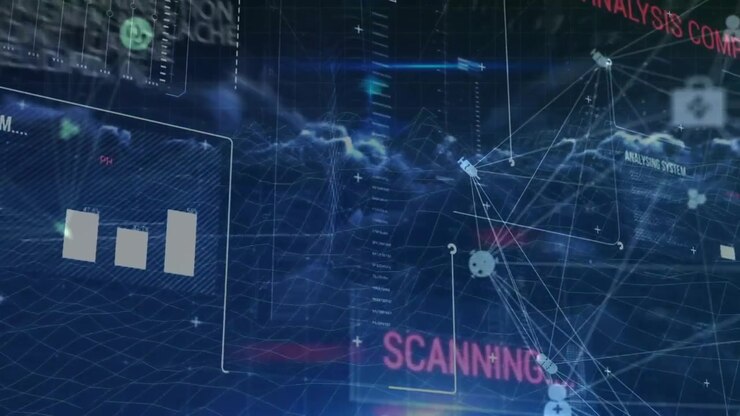 Waveform pulsing causing UI fading, code streaming, network nodes animating for system analysis