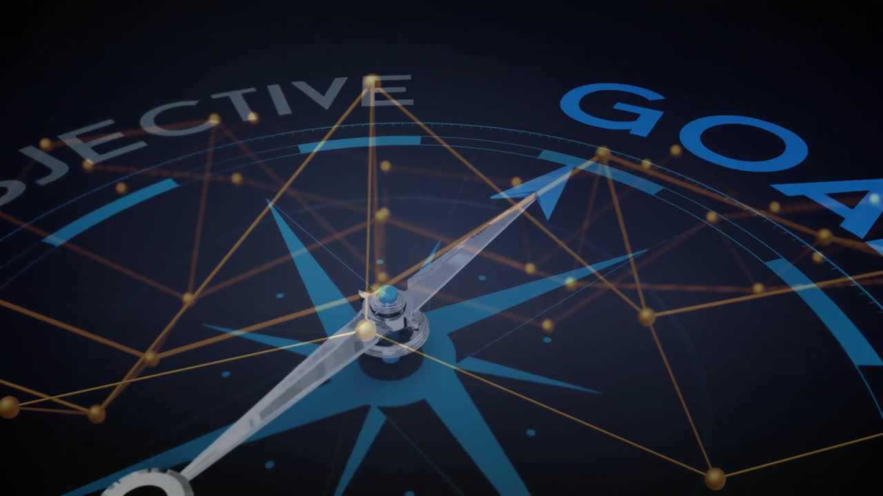 animación de la brújula y el texto objetivo a través de una red de conexiones