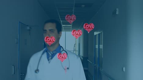 Animación-De-Corazones-Con-Amor-Sobre-Un-Médico-Caucásico-Caminando-Por-El-Pasillo