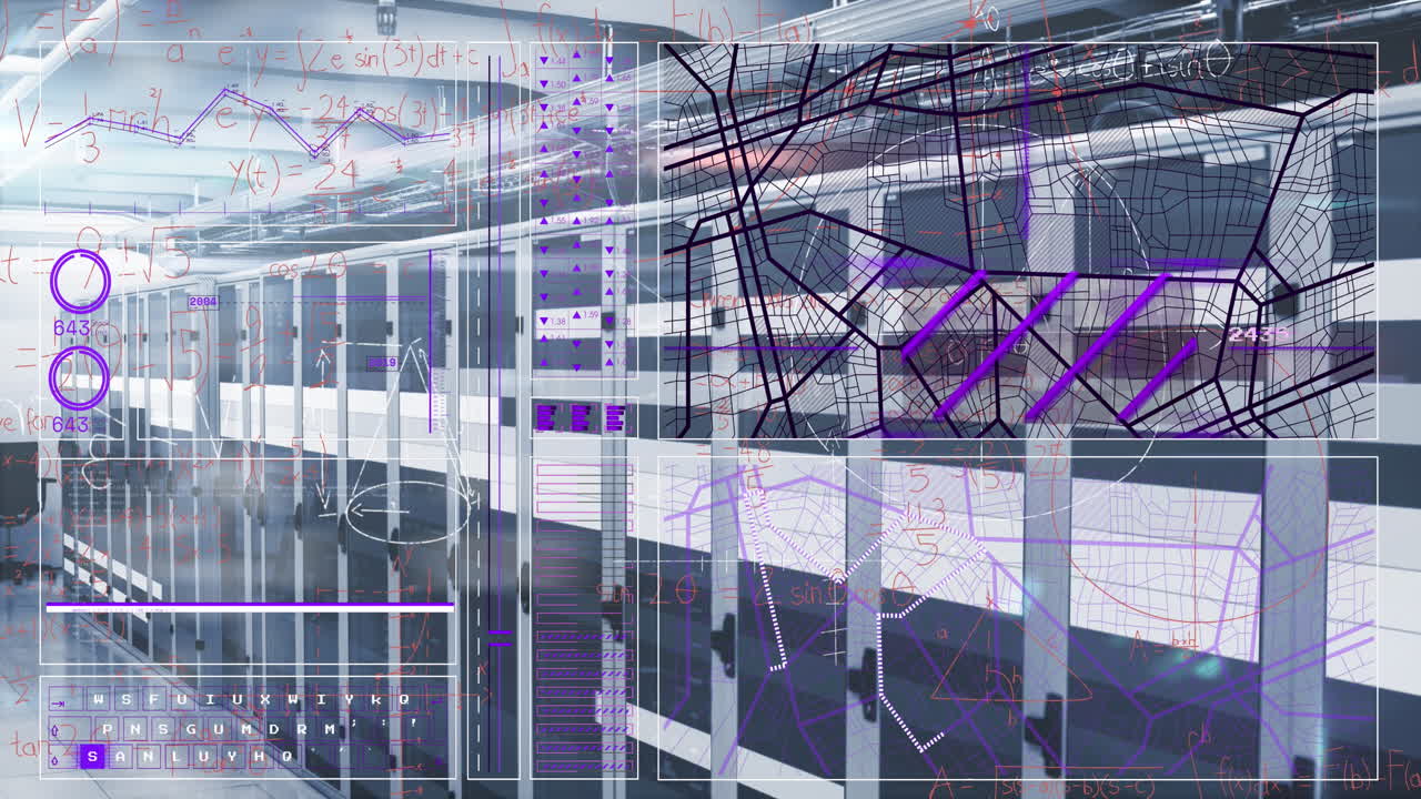 animación de la interfaz con procesamiento de datos y senderos de luz contra la sala de servidores de computadoras.