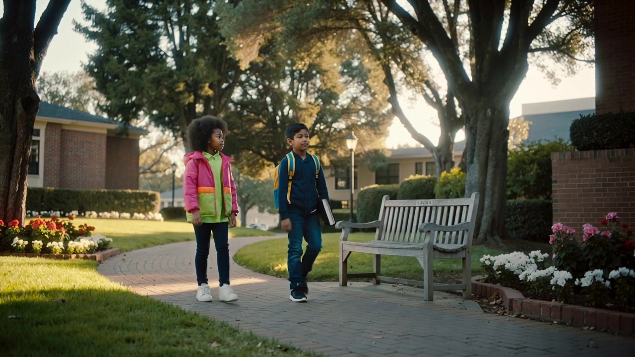 Walking two kids in pink jacket on campus, carrying backpack and notebook, passing bench