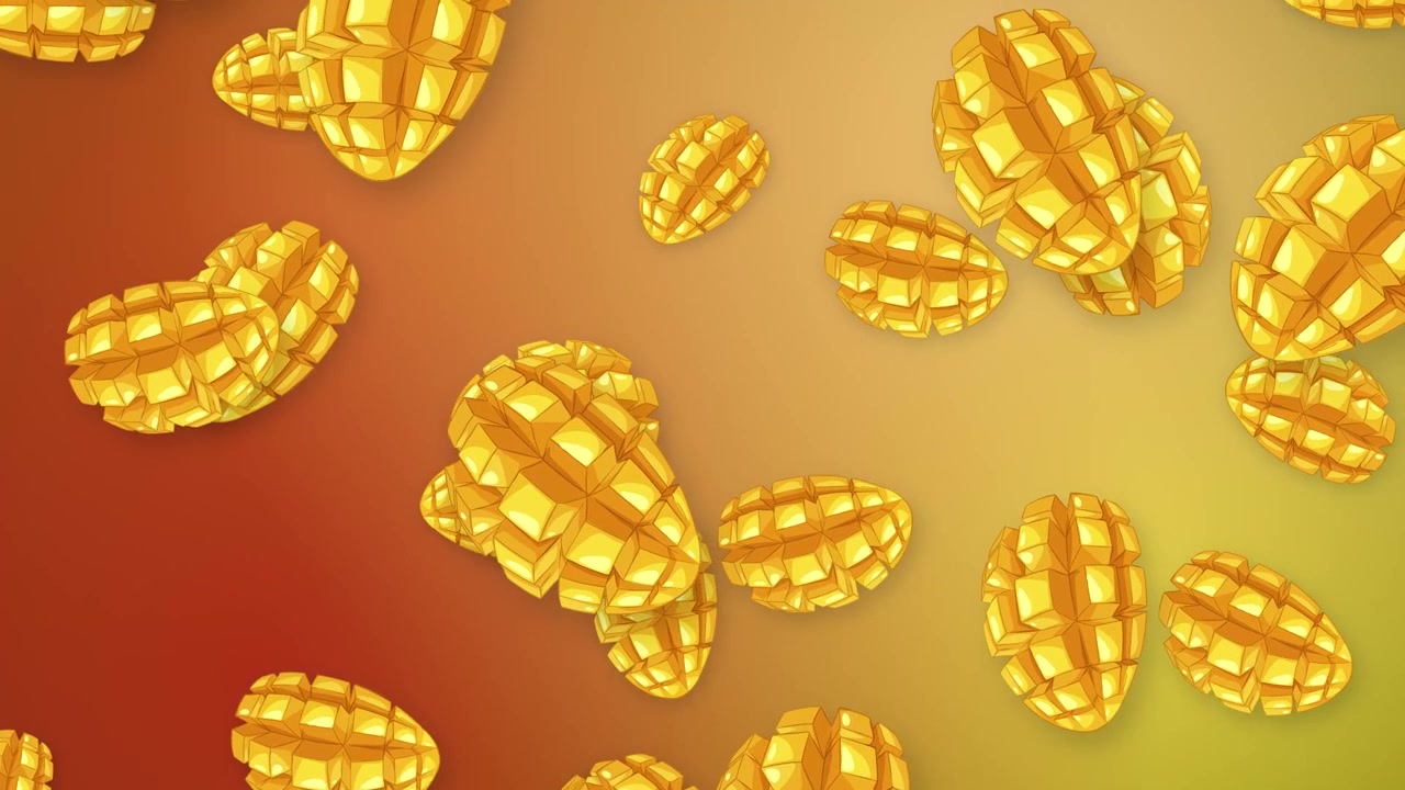 Cubetti di mango stilizzati cadono su uno sfondo a maglie sfumate arancione e giallo caldo