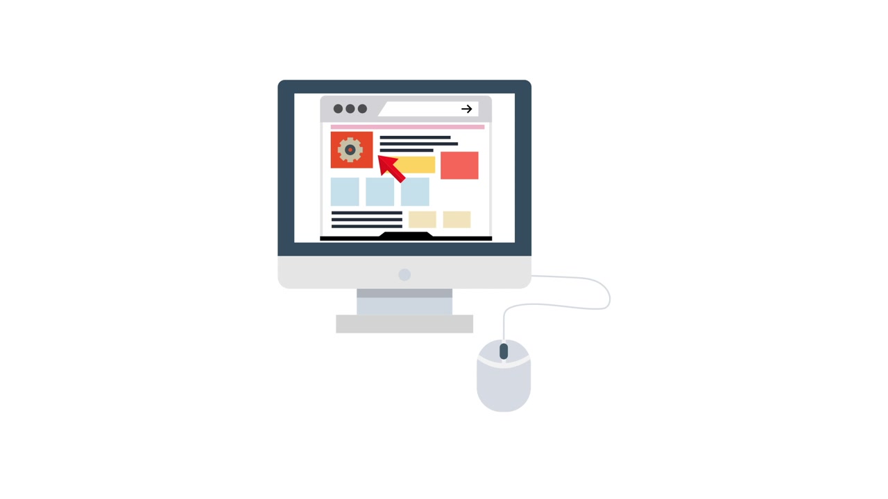 Animeret stationær computer med webbrowser og museinteraktion
