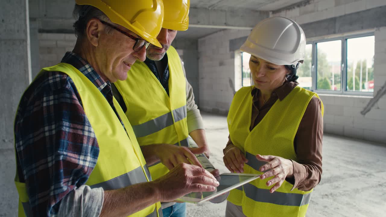 video estático de tres ingenieros caucásicos discutiendo sobre una tableta digital en el sitio de construcción.