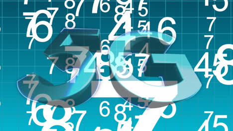 animation of 5g text with numbers changing on blue background