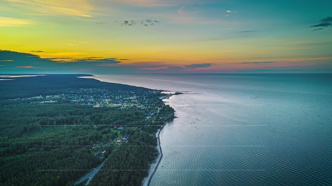 Aerial View of Coastal Landscape with Dynamic Digital Data Overlay