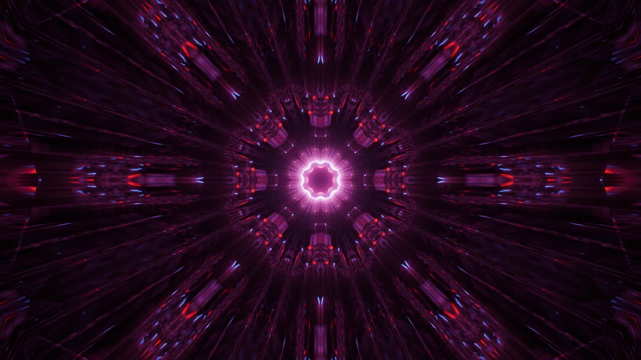 Bright Pink Flower Shape Space Tunnel, Illuminated Light Reflections 3D Graphic