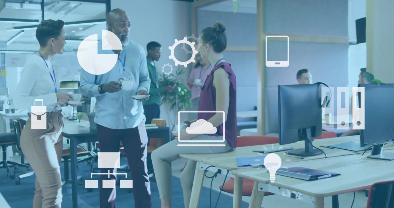 Diverse Business Team Collaborating in Modern Office with Digital Graphics