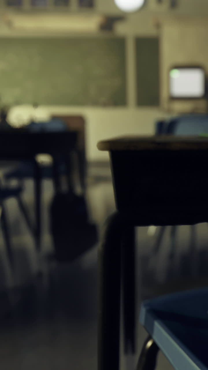 Desks in an empty classroom with a chalkboard and computer in the background