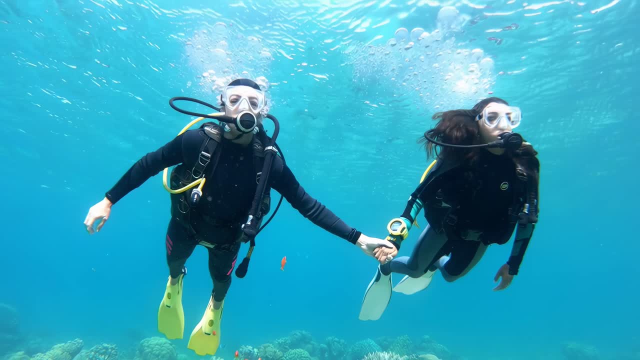 Underwater video scene of two divers holding hands, captured from a front angle