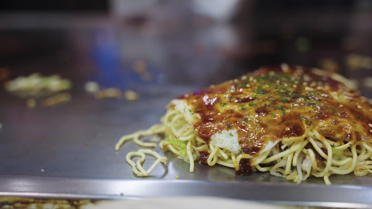 Japanese Okonomiyaki, Served Hiroshima Style with Fried Noodles