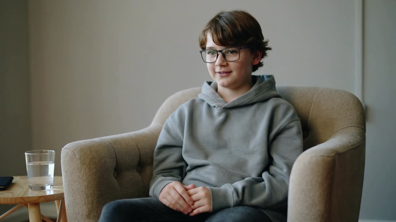 Speaking teen in grey hoodie and glasses sitting in beige armchair on camera, phone and water