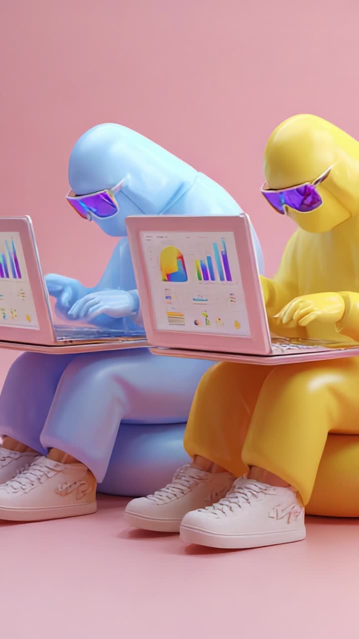 Creative conversation between vibrant figures immersed in analytics on laptops, showcasing modern digital interaction and playful design aesthetics