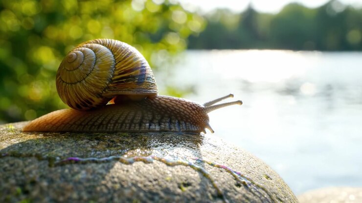 A Close-Up of a Snail on a Stone by the Water's Edge, Capturing the Beauty of Nature in Two Distinct Frames, Showcasing Its Unique Shell and Serene Environment