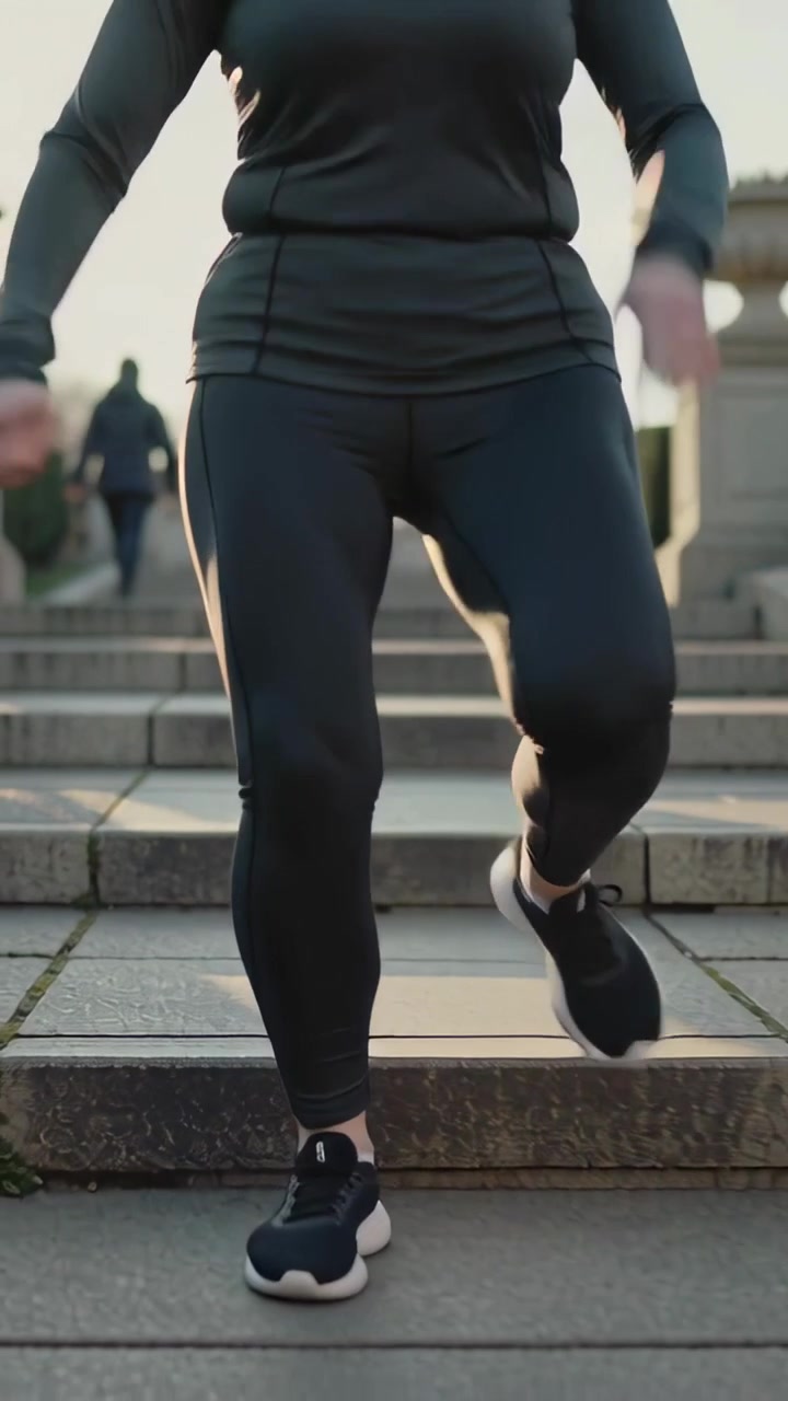 Vertical video: Running woman in dark gear starting down plaza steps, checking watch for exercise