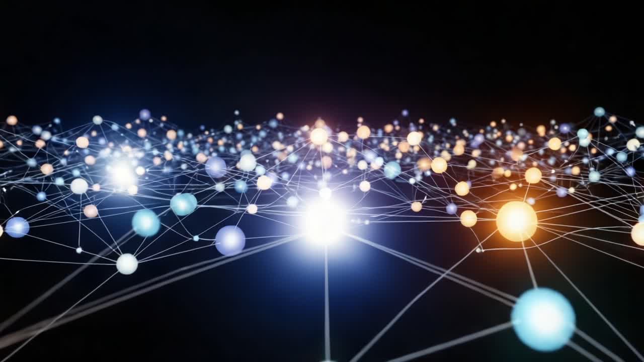 A Stunning Visualization of a Network of Nodes and Connective Lines Representing Complex Relationships in a Digital Universe with Varying Colors and Intensities