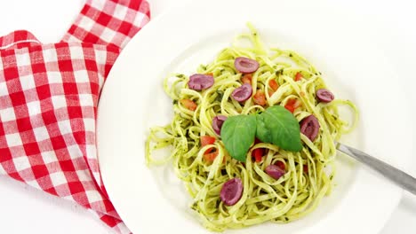 close-up of cooked pasta on plate