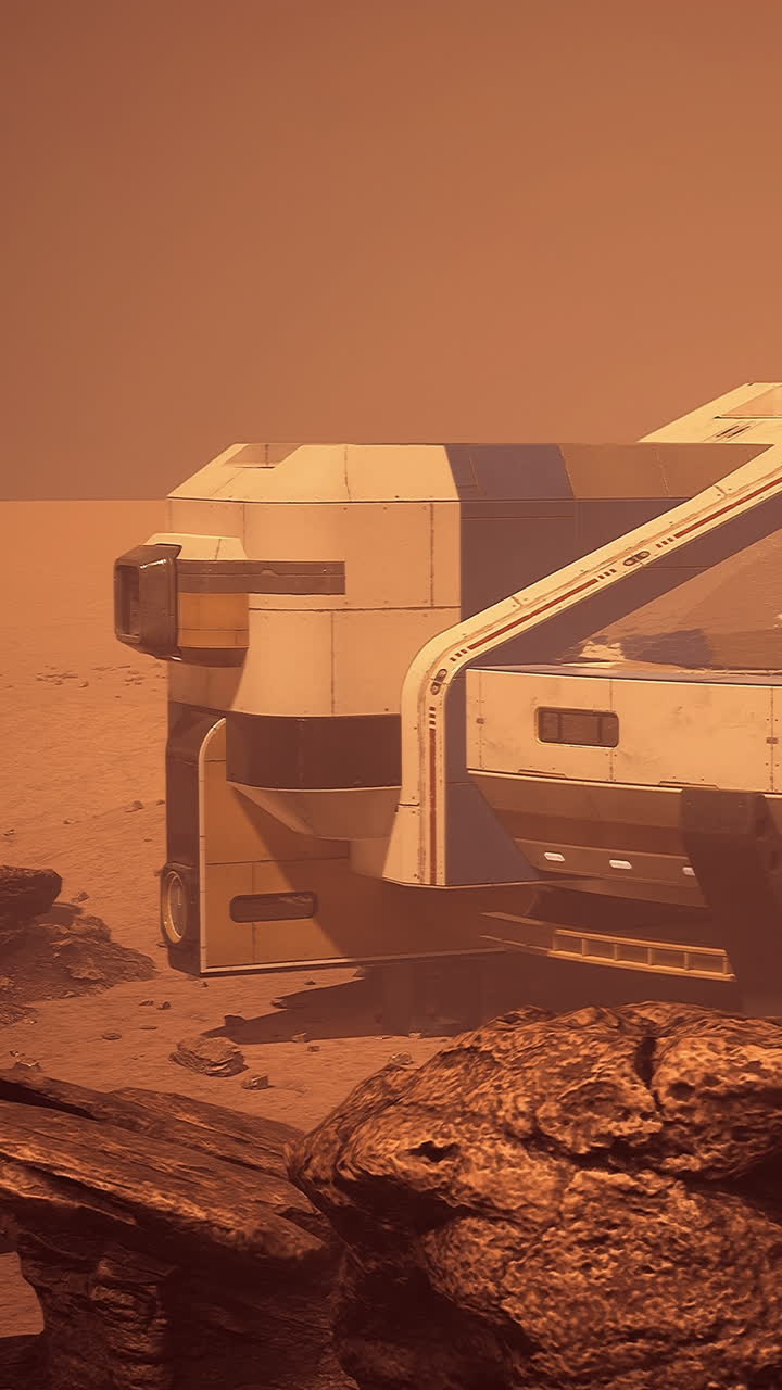 Space exploration vehicle near red planet surface in a dusty environment
