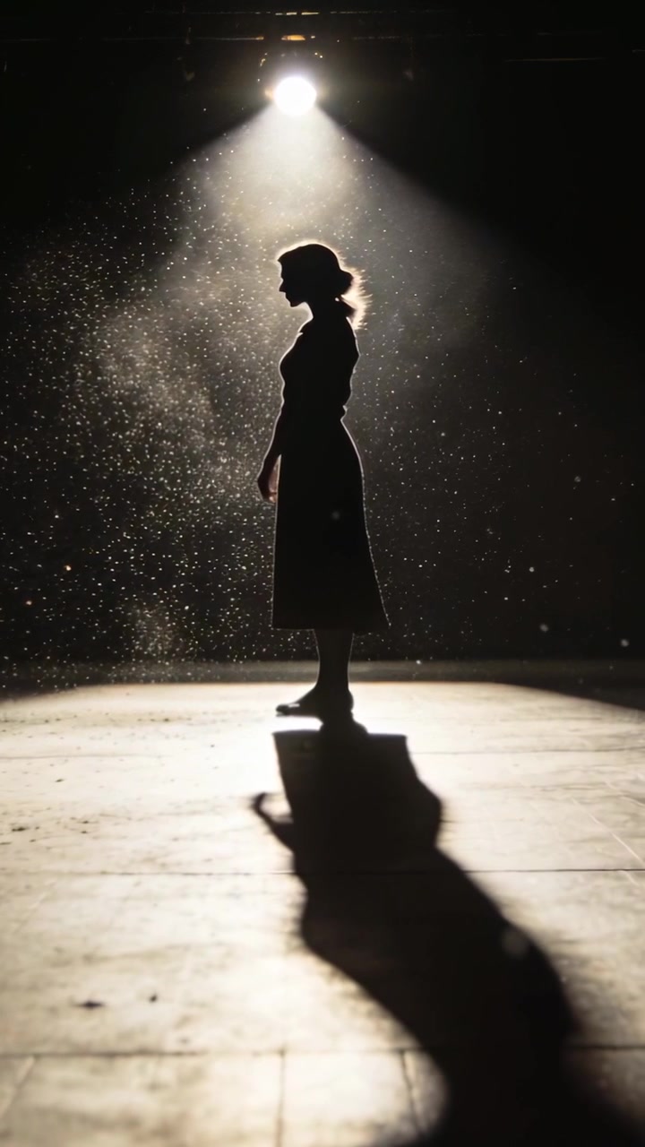 Vertical video: Shining spotlight on woman standing in studio for portrait in dress, dust drifting