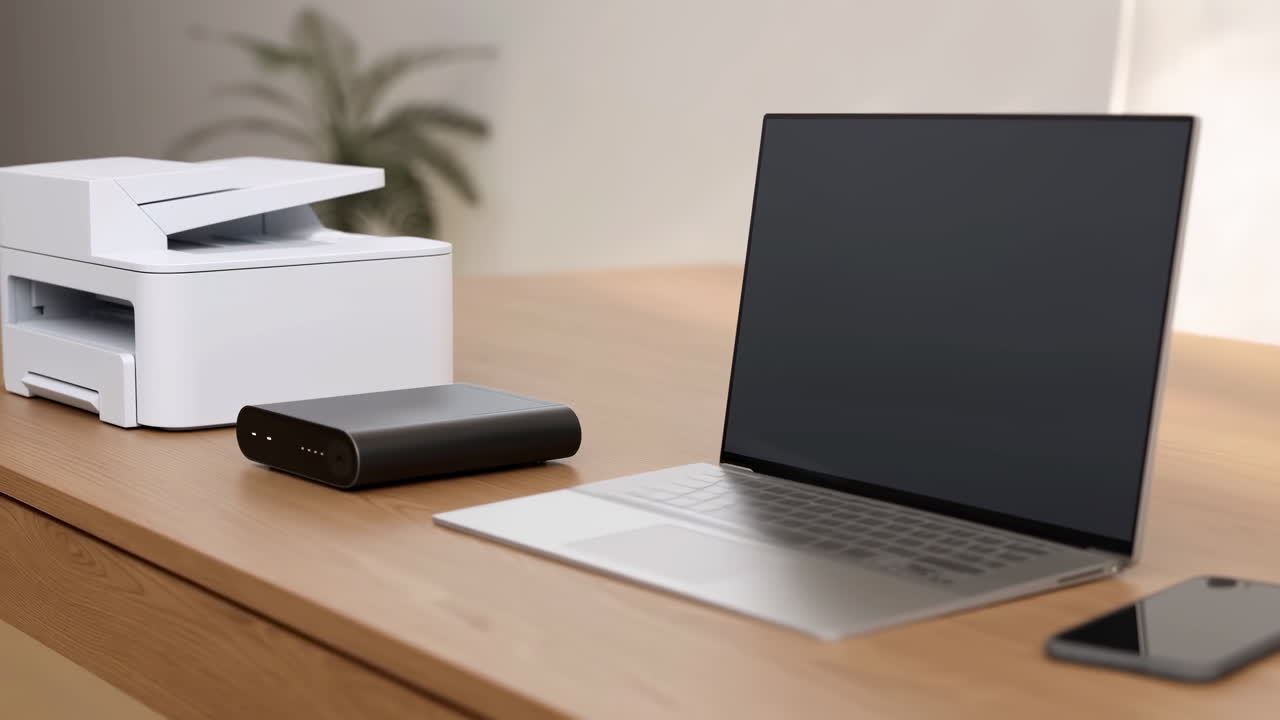 Minimalistisk træskrivebord med bærbar computer og printer. Mørk skærm på en sølvfarvet bærbar computer, hvid multifunktionsprinter, ekstern.