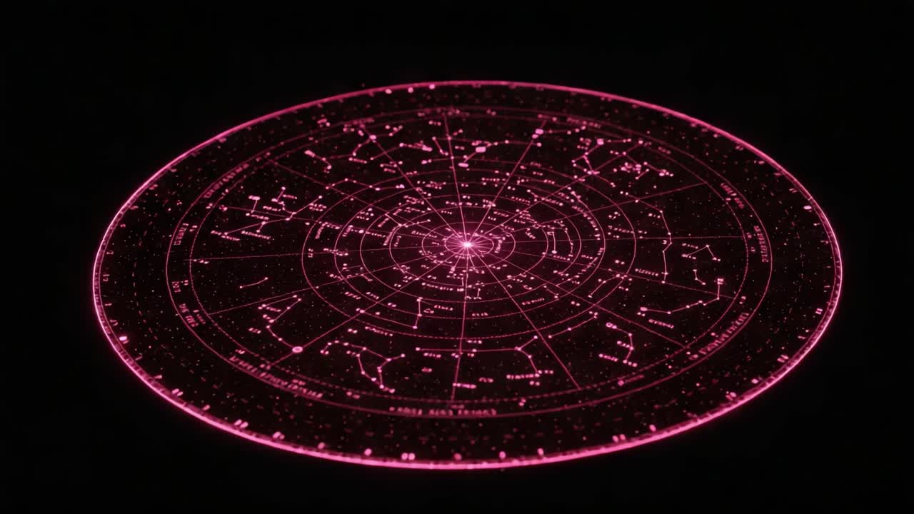 Astrological Chart Depicting Stellar Constellations in Vibrant Pink Glow Against Black Background, Showcasing Celestial Patterns for Navigation and Exploration
