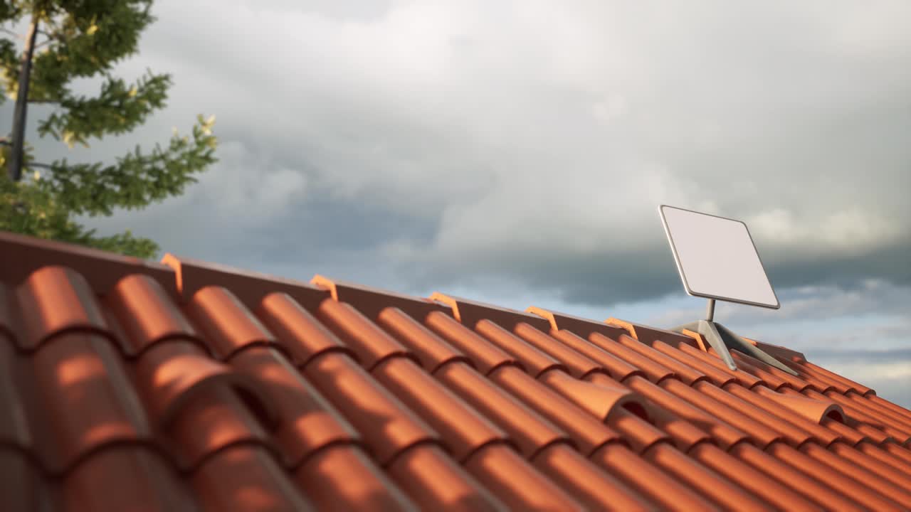 un tiro de animación en 3d de una antena receptora de internet por satélite en una valla de una casa rural.