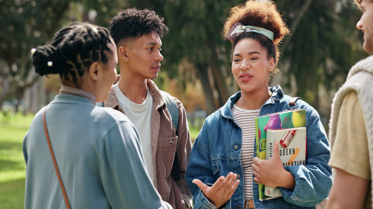 학생들이 야외에서 이야기하고 있습니다.