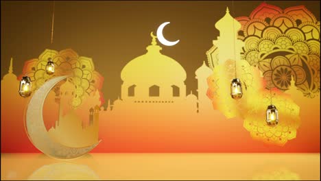eid mubarak gráficos animados con luna y mezquita con fondo de mandala islámico. mezquita de linterna religiosa islámica tradicional. celebración del ramadán. decoración de festivales de cultura árabe