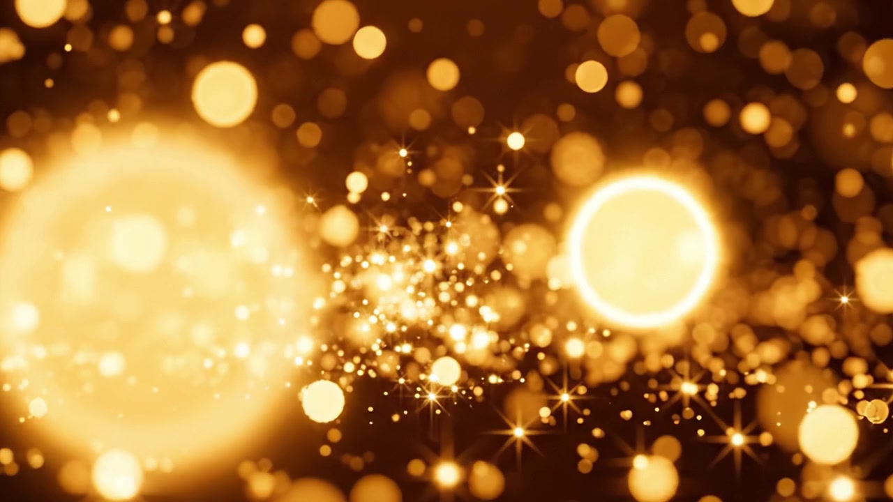 Uno spettacolo ipnotizzante di luci bokeh dorate e particelle scintillanti che crea un'atmosfera accattivante, ideale per celebrazioni festive e sfondi eleganti.