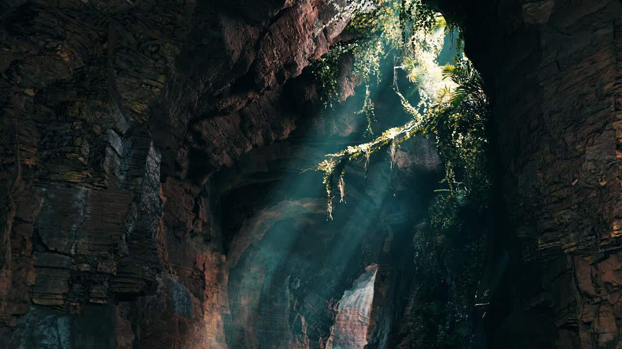 la luz del sol fluye a través de una cueva de la jungla