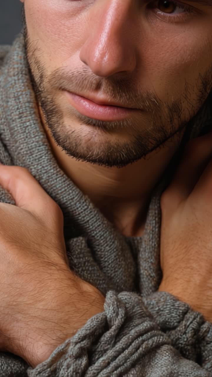 Un ritratto pensieroso di un uomo con un'espressione pensierosa, che enfatizza l'introspezione e l'emozione catturate in toni e inquadrature morbide e neutre