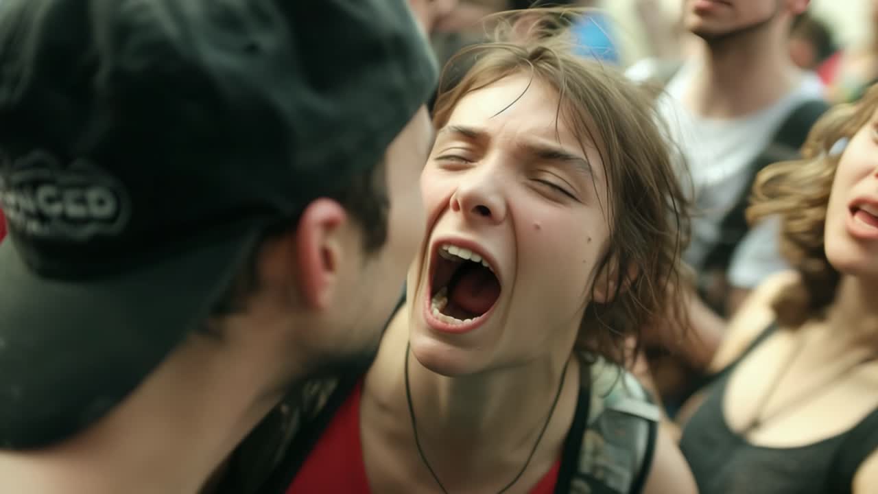 Intense close up of young female protester screaming during demonstration, confronting man in baseball cap with passionate anger while surrounded by fellow activists