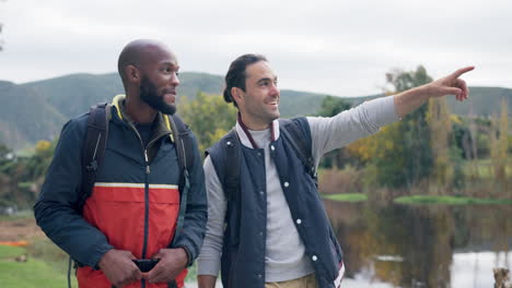 hiking, lake and friends in nature