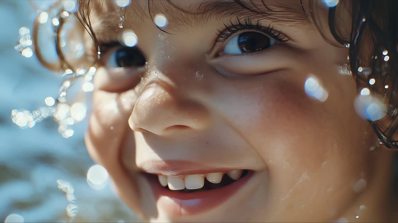 Childs face with water droplets in sunlight