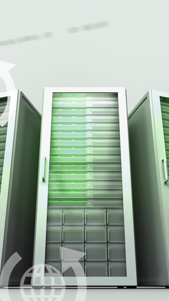Animation af jordklode med pileikoner og computersprog over dataserverracks