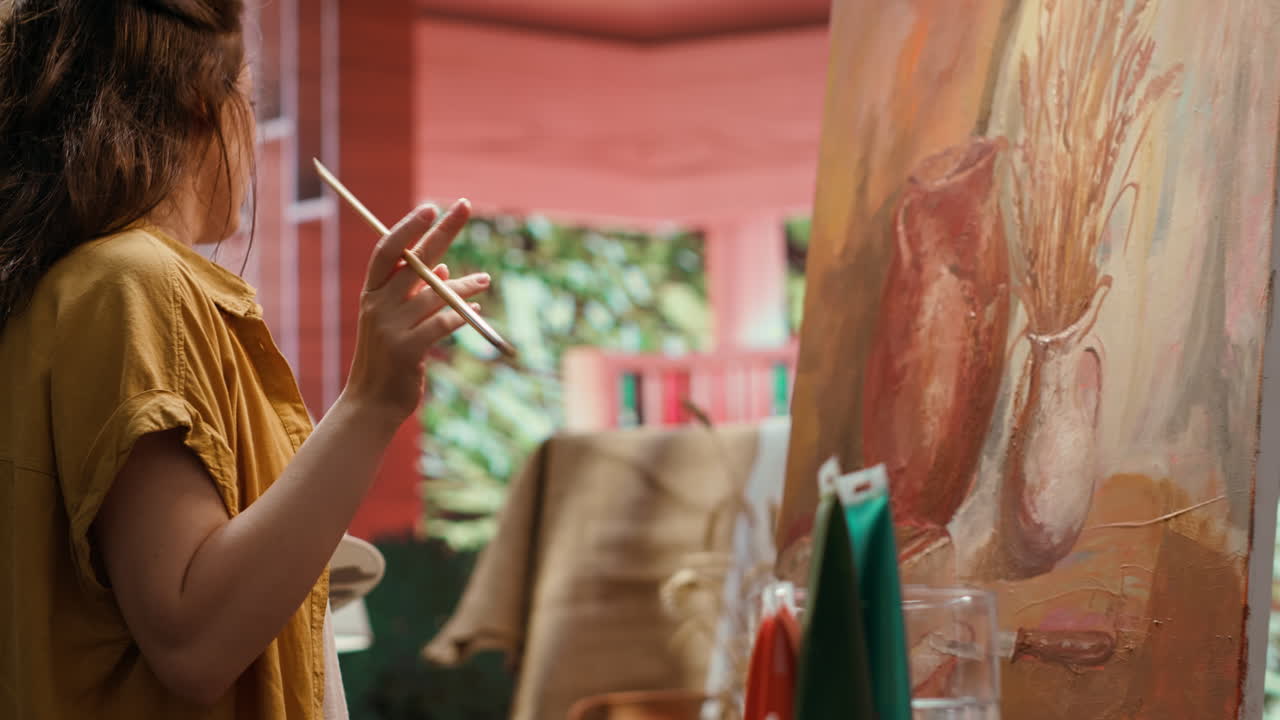 Woman Painting Still Life on Canvas