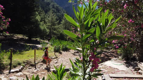 niña haciendo senderismo en el desfiladero de samaria entre flores en un día soleado