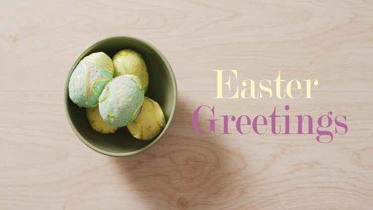 Animation of easter eggs and easter greetings text