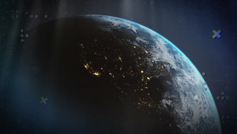animatie van rijen van flikkerende stippen en markers over de planeet aarde