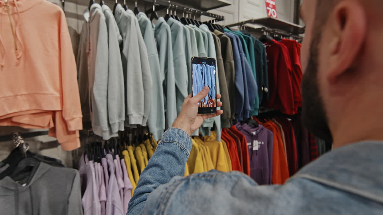 Man Taking Shot Of Vibrant Clothes Hanging On Rail In Store