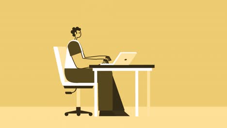 estilo hombre amarillo personaje plano trabajando en portátil. animación de bucle aislado con canal alfa