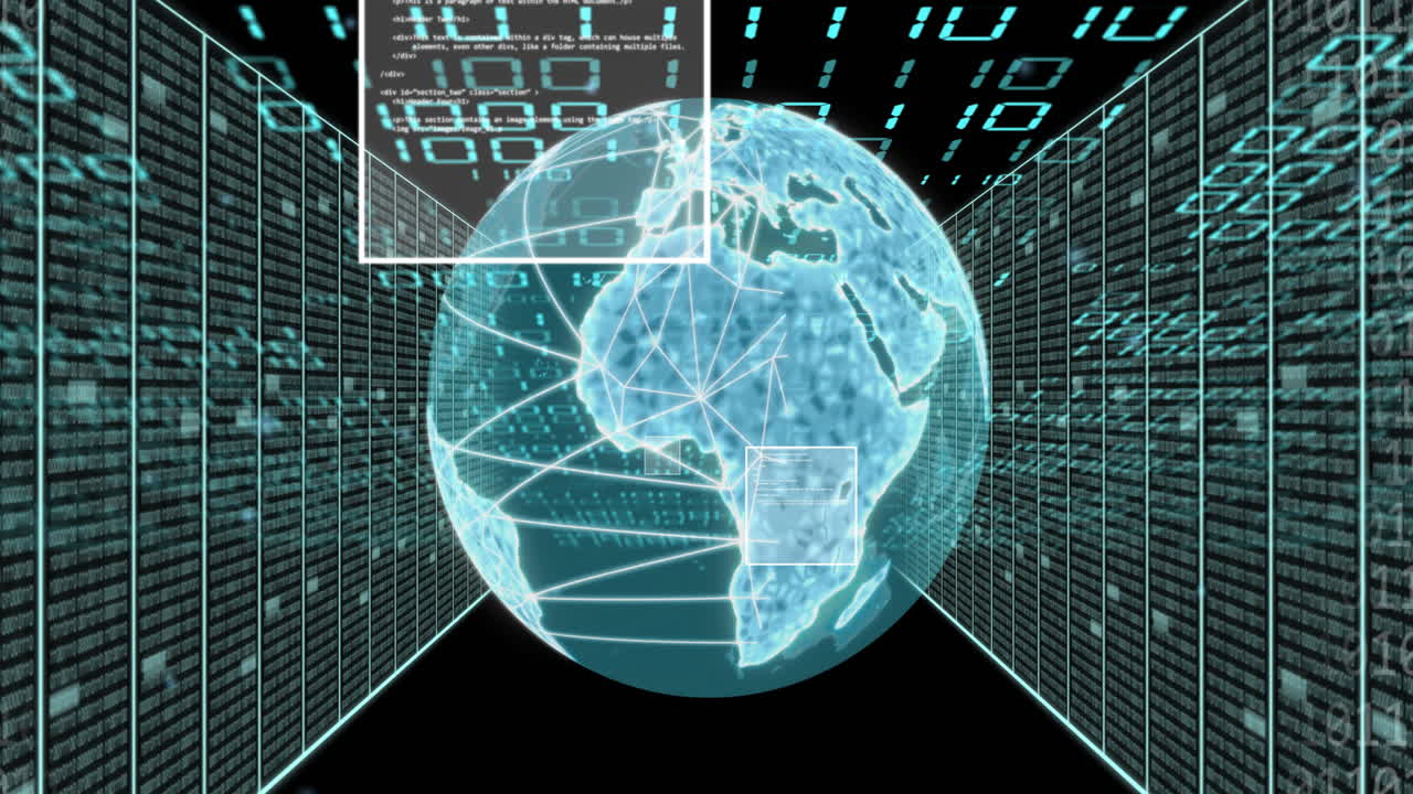 Animation of globe with binary coding and data processing over dark background