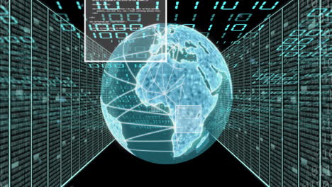 animation of globe with binary coding and data processing over dark background